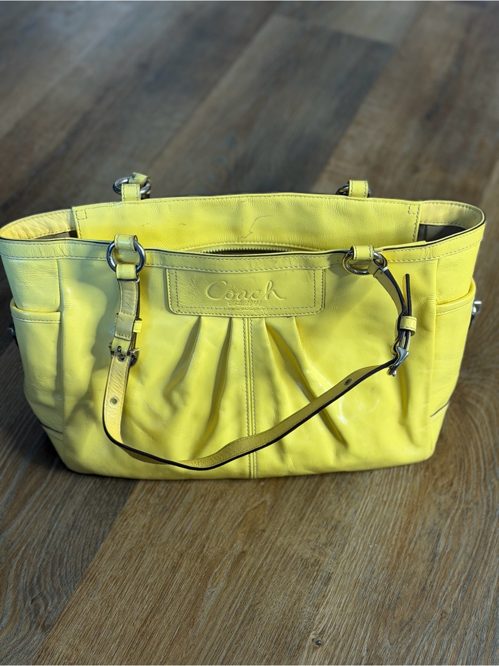 Vintage Coach Lemon Yellow Leather Pleated Tote